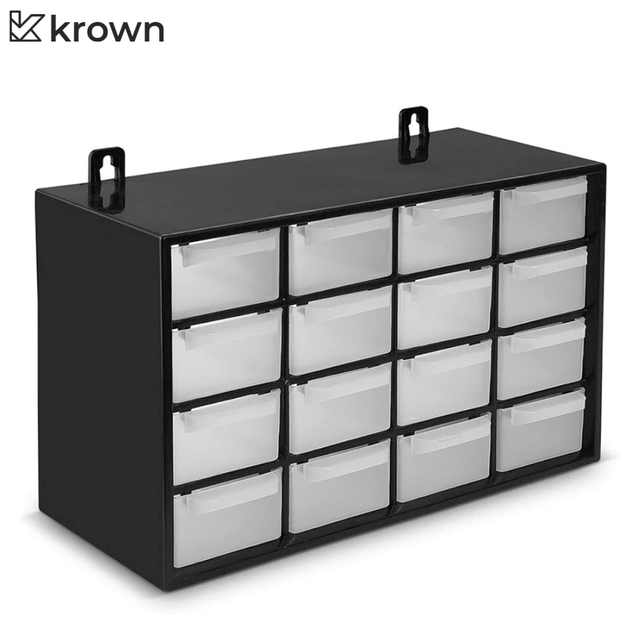 Screw organizer box, stackable sorter with 16 drawers, black, gray, blue,  red, 17x27x12 cm. Module, plastic